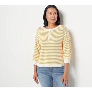 Candace Cameron Bure Soft Boatneck Half Placket Sweater Amber Stripe M A473308